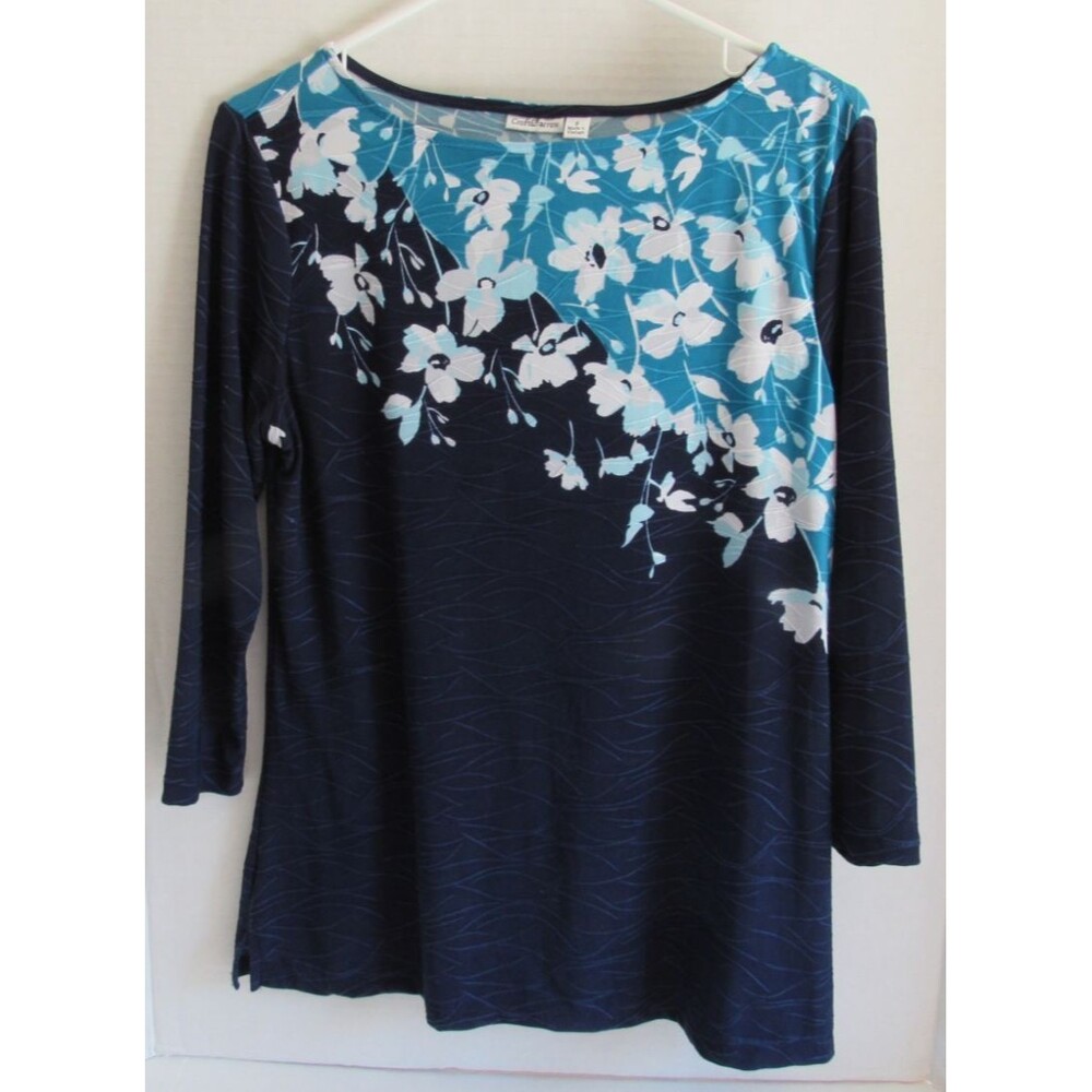 Croft & Barrow Blue Flower Casual 3/4 Sleeve Boat Neck Tunic Top Size Small